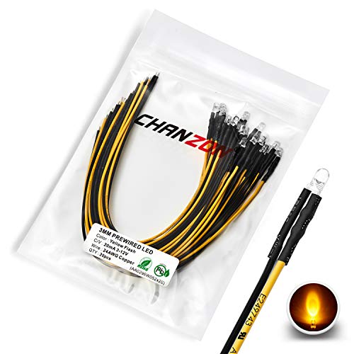 [Fil UL] Chanzon 20 pcs Pré-câblés 3mm Jaune Clignotant LED Diode Lumières (Lentille Transparente Ronde Transparente DC 12V) avec 680 ohms 1/4 W Résistance et 24 AWG Fil Diodes électroluminescentes Cover