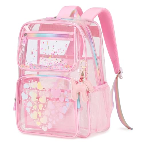 MOONBABY Lovely Clear Backpack for School Girls, Heavy Duty TPU Transparent Backpack Stadium Events Approved, Clear Bookbag, Pink
