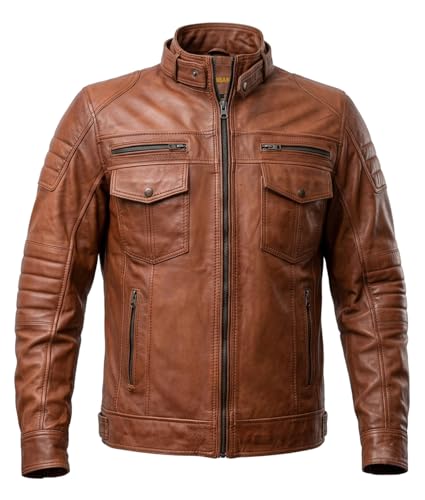 Rabbaniz Men's Biker Motorcycle Vintage Distressed Brown Real Leather Jacket (Medium, Brown)