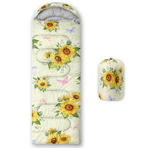 Sunflower Sleeping Bags for Adults Kids,Yellow Backpacking Camping Sleeping Bag for Girls Boys Lightweight Waterproof Cold/Warm Weather Sleeping Bag for All Season Outdoor Travel with Compression Bags