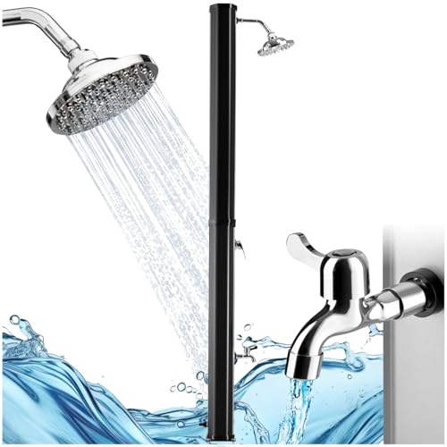 tectake® Ducha Exterior Jardin, Resistente a la Intemperie, Temperaturas Altas, Alcachofa 360°, Grifo de Ducha Jardin para Pies, Conexión para Manguera, Ducha Solar Exterior - 35 L Negro/Plata