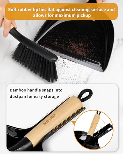 MR.SlGA Kehrschaufel und Bürste Set, Tragbare Reinigungsbürste und Kehrschaufel Combo mit Bambusgriff, Schwarz, 1 Set