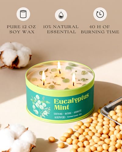 Image of AOOVOO Eucalyptus Mint Candle for Relaxation - 3 Wick 12oz Large Scented Candle with Green Aventurine & Eucalyptus Leaves Inside, Soy Candles Non Toxic for Meditation, Stress Relief, Energy Cleansing