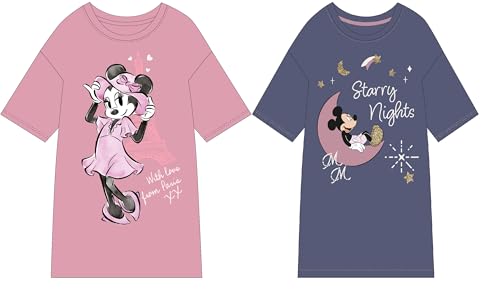 Disney Damen Nachthemden Set 2er Pack, Minnie Maus Starry Nights und Lilo & Stitch Angel Design, Kurzarm T-Shirts Pyjama, Größen S M L XL (DE/NL/SE/PL, Alphanumerisch, L, Regular, Regular, Minnie)