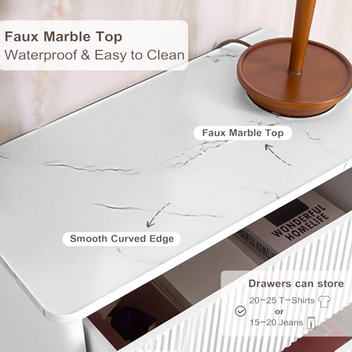 Image of Airynee Fluted 5 Drawers Dresser for Bedroom, 47 inch Tall Handleless Chest of Drawers with Faux Marble Top, Curved Profile Design, Wood Drawer Organizer for Living Room, Hallway, Entryway, White
