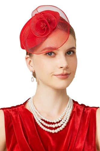 BABEYOND Chapeau bibi pour femme, élégant couvre-chef avec fleurs en maille et pince à cheveux pour mariage, jour de course, cocktail, Rouge, Taille unique