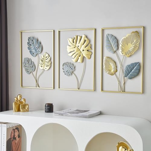 Image of Framing Hub - Gold Metal Wall Decor Leaf Wall Hanging Decoration, Set of 3 Metal Wall Art Home Decor for Living Room Office Bedroom Hotel