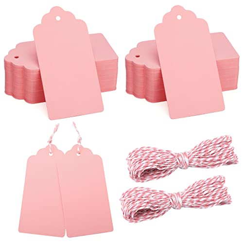 jijAcraft 100pcs Blank Paper Gift Tags with String 4x 2 Pink Rectangle Craft Hang Labels Gift Wrap Tags for Fathers Day Christmas Wedding Birthday Baby Shower