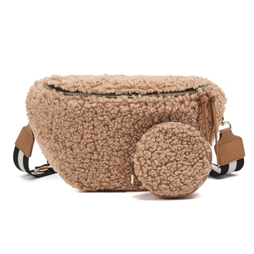 ER.Roulour Umhängetasche Bauchtasche Damen Plüsch Gürteltasche Hüfttasche mit Breiter Gurt und Münze Crossbody Bag (Champagner)