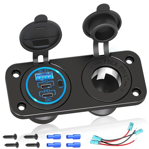 Cigarette Lighter Socket Qidoe 12V Splitter Panel 78W 12V USB Outlet Dual USB C PD&QC3.0 Car Charger Socket ON/OFF Switch Waterproof 300W power cigarette USB Adapter for Car Marine RV