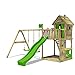 FATMOOSE Parco giochi in legno HappyHome Giochi da giardino con altalena e scivolo mela verde, Casetta da gioco per l'arrampicata con sabbiera e scala di risalita per bambini