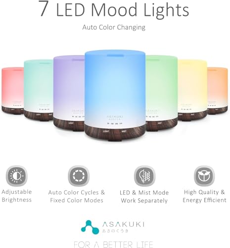 Image of ASAKUKI 300ML Essential Oil Diffuser, Quiet 5-in-1 Premium Humidifier, Home Fragrance Aroma Diffuser with 7 LED Color Changing Light and Auto-Off Switch -Light Brown