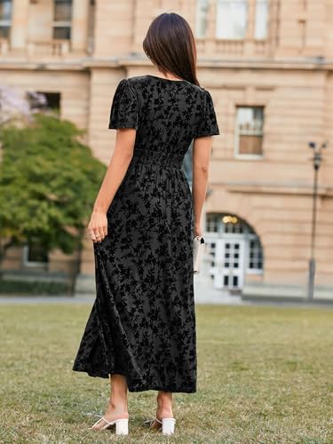 Image of Simplee Women's Velvet Maxi Dress V Neck Short Sleeve Empire Waist Semi Formal Long Cocktail Dresses