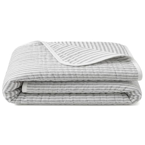 Image of 6-Layer Cotton Muslin Baby Blanket 43x43 inches Swaddles Grey Striped