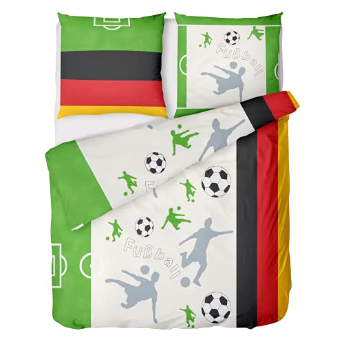 LINKHOFF Fußball Bettwäsche 135x200 Deutschland - Biber Kinderbettwäsche 135x200 Jungen - Kinder - 100% Baumwolle - Mit Kissen 80x80