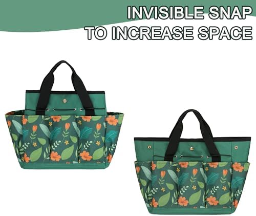 Garden Tool Bag, Portable Garden Tote Bag with Handle, Oxford Garden Tool Organizer Bag, Ideal Gardening Gifts for Wife and Parents, Tools Not Included(Green Flower) - Thumbnail 5