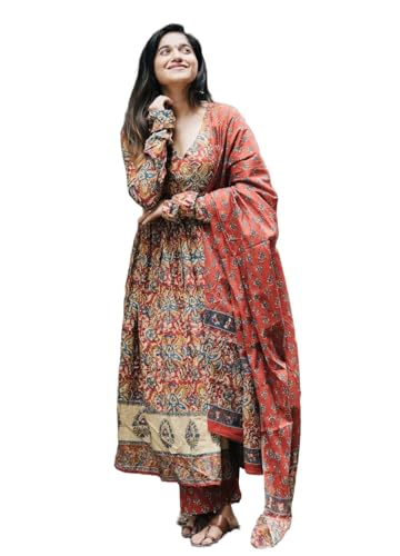 Image of Nermosa Women Printed Anarkali Kurta and Pant Set with Dupatta