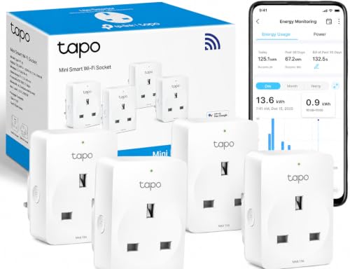 Tapo P110 (4-Pack) Smart Plug WiFi Plug Energy Monitoring Electricity Usage Monitor App Remote Control Alexa Voice Control with Alexa & Google Away Mode Scheduling & Timer Device Sharing