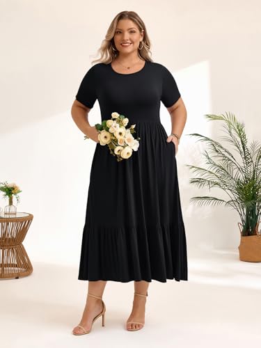 Image of LARACE Plus Size Dresses for Women Summer Casual Short Sleeve Long Dress Flowy Maxi Beach Dresses with Pockets L-6XL