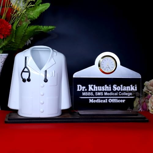 Image of Doctor Coat Pen Stand with LED Name Plate, Clock & Wooden Base | Bamboo Pen & Personalized Wooden Keyring with Stylish Name Plate | Customized Desk Organizer for Doctors Medical Aspirants