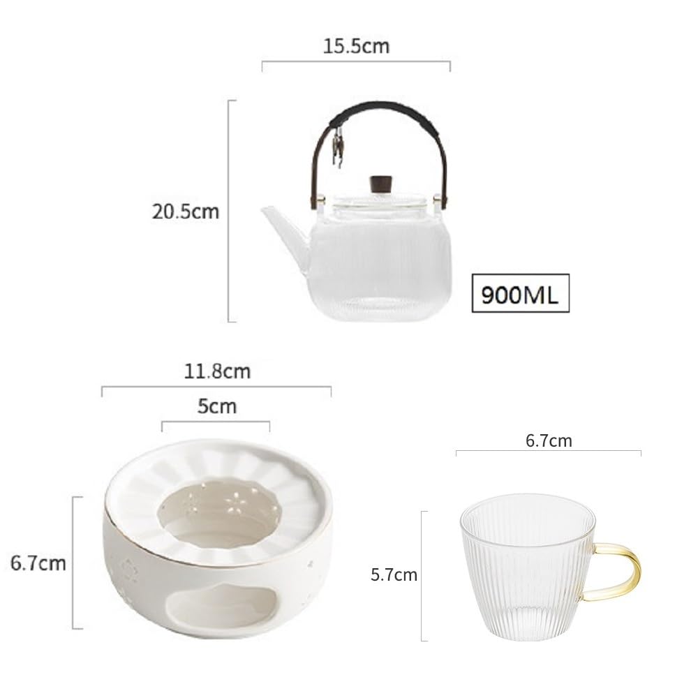 Żebrowany szklany zestaw do herbaty - 6 filiżanek i ceramiczny podgrzewacz | 900 ml szkło borokrzemowe, 6 filiżanek, podgrzewana podstawa, drewniany uchwyt