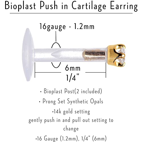 Body Candy 16 Gauge 1/4" Short Post Length 14K Yellow Gold 1.5Mm Cz Bioplast Push In Cartilage Earring #TOP3