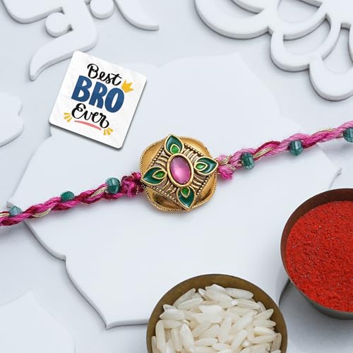 Image of eCraftIndia Kundan Beads Flower Designer Rakhi for Brother Bhaiya Bhai with Best Bro Ever Fridge Magnet | Roli Chawal Pack