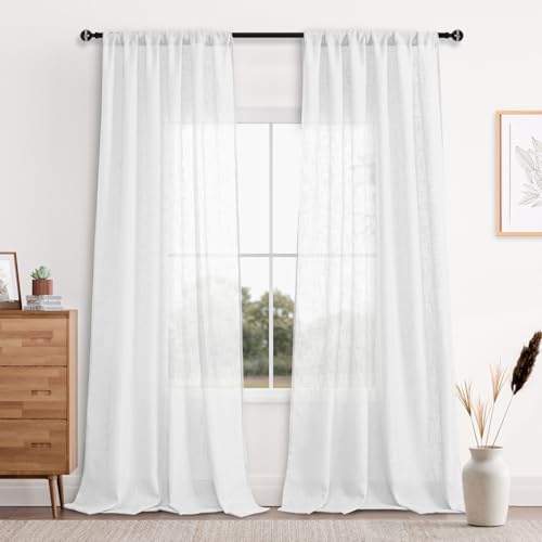 DWCN Cortinas traslúcidas blancas de lino sintético con textura de bolsillo para barra, semi gasa traslúcidas para dormitorio y sala de estar, juego de 2, 52 x 90 pulgadas de largo