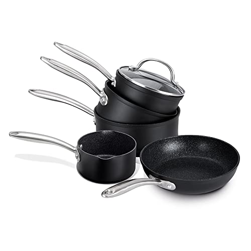 PRESTIGE Juego de cacerolas antiadherentes – 5 piezas de inducción negro con cacerolas de 16 cm, 18 cm y 20 cm con tapa, sartén antiadherente de 29 cm y sartén para leche