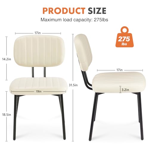 Sweetcrispy Dining Chairs Set of 2, Upholstered Mid Century Modern Kitchen Accent Chairs with Faux Leather Cushion Seat & Metal Legs for Home Office, Living Room-Beige White - Image 2