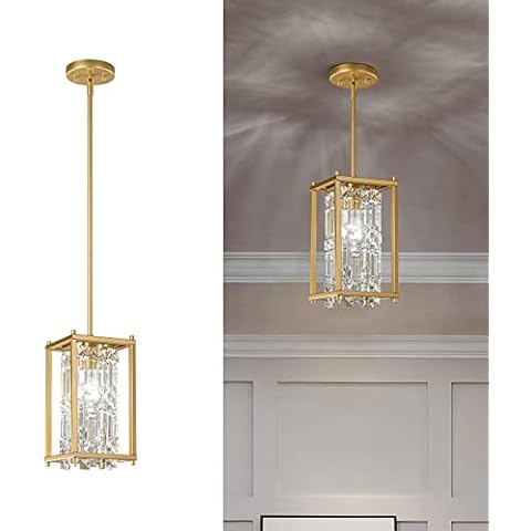 LMQNINE Dining Room Light Fixture Semi Flush Mount Ceiling Light, Industrial Farmhouse Chandelier Gold Metal Crystal Pendant Light for Hallway Balcony Kitchen Island (Square 1-Light) Cover