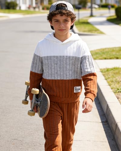 Image of 5-11Y Boys Clothes Long Sleeve Hooded Pullover Colorblock Sweatshirt + Pants 2pcs Fall Winter Outfit Set