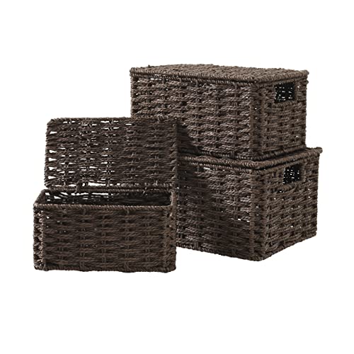 Motifeur Hand-woven Paper Rope Rectangular Baskets With Lids, Multi-purpose Stackable Utility Organizers with Built-in Handles (Set of 3, Brown)