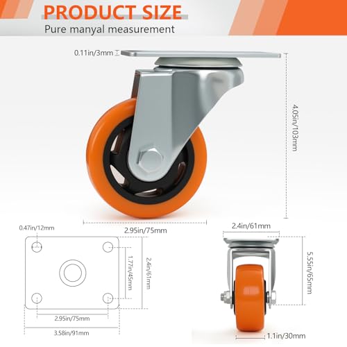 3 Fixé en pouces & Roues de roulettes pivotantes 4, Orange PU Plaque de deux roulettes fixes et deux roulette pivotante offrent un suivi stable et lisse 360° mouvement.