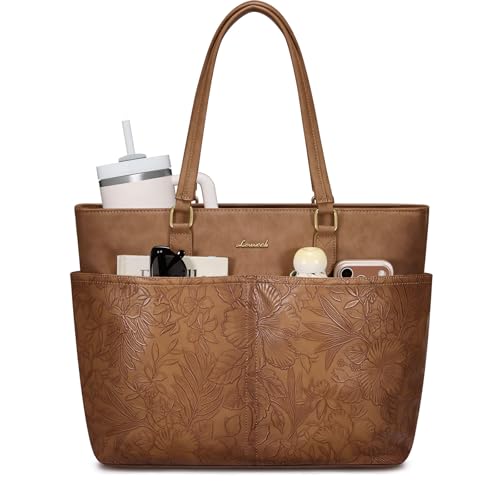 Image of LOVEVOOK Work Tote Bags for Women, Embossed Retro Leather 17.3 Inch Laptop Bag with Large Cup Holder, Teacher Nurse Medical Professional Computer Bag, Office Briefcase Handbag Gift