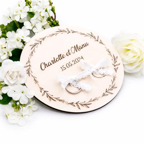 Porte alliance personnalisé en bois, rond décoré d'une couronne de feuilles, mariage, champêtre, personnalisable, création unique
