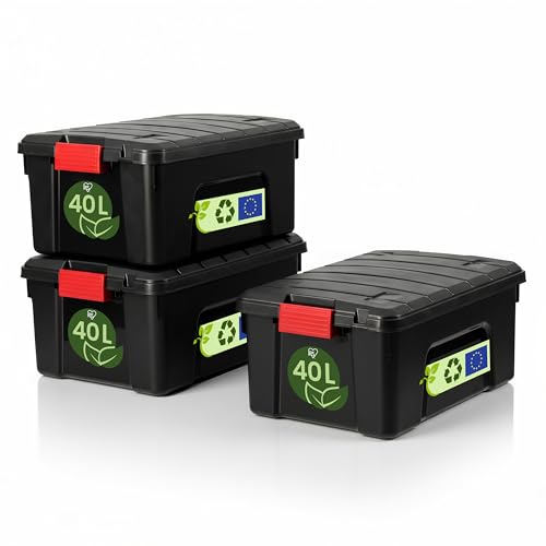 Iris Ohyama, Malle, scatola portaoggetti in plastica, con coperchio e clip di chiusura, 40 l, confezione da 3, impilabile, ruote, senza BPA, sottotetto, capannone, garage, SIA-40, nero