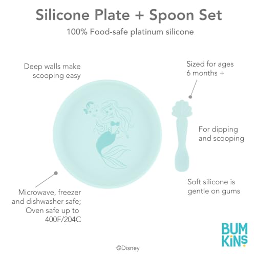 Bumkins Disney Baby and Toddler Plate and Spoon Set, Silicone Dish for Babies and Kids, Baby Led Weaning, Children Feeding Supplies, Microwave Safe, Platinum Silicone, Ages 6 Months Up, Princess Ariel - image 7