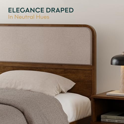 Image of Bme Solid Wood Calista King Bed Frame - Chestnut Finish Platform Bed with Upholstered Headboard, Mid-Century Modern Style with Sturdy Slats & Tapered Legs, No Box Spring Needed