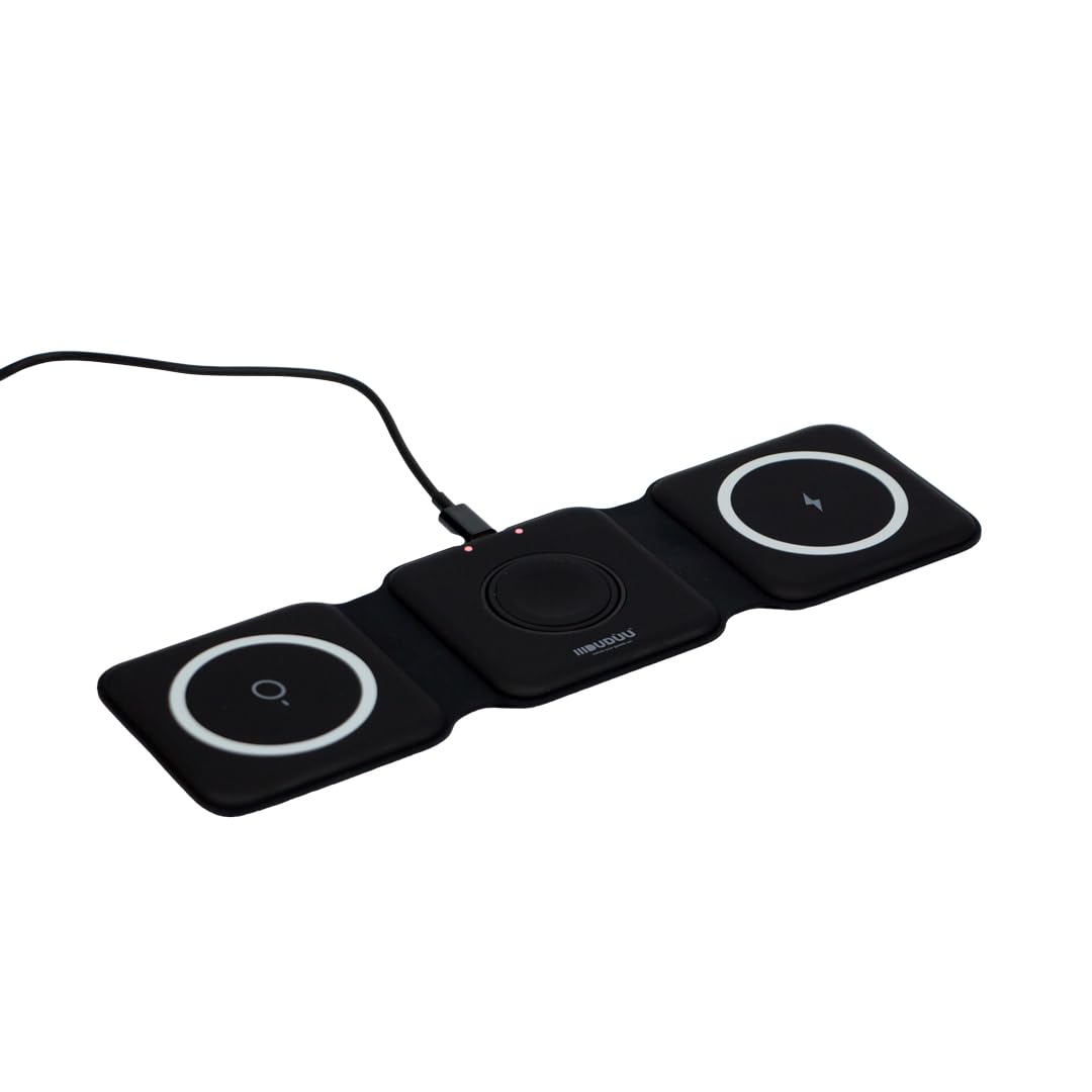 Fold Tappetino di ricarica 3 in 1 Pieghevole – Ricarica Qi per Smartphone, Smartwatch IOS e Auricolari, Stazione di Ricarica Portatile, Fast Charge 15W, Design Compatto da Viaggio (Nero)