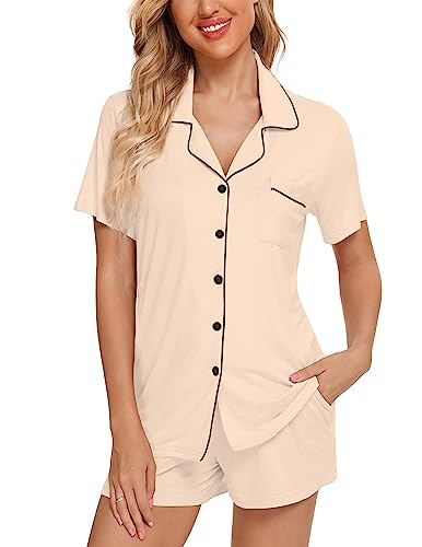 Image of Pjmlifecoco Women's Modal Pajama Set Short Sleeve Button Down Two Piece Soft Sleepwear with Shorts Loungewear S-XXL