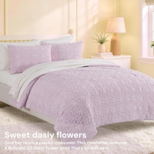 Image of Twin XL Comforter Set for Girls - 5 Pieces Purple Dasiy Bed in a Bag