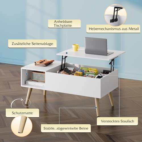 WLIVE Couchtisch Höhenverstellbar und Ausziehbar, Wohnzimmertisch mit Großem Verstecktem Staufach, Hebeplatte Kaffeetisch für Büro,50 x 100cm Sofatisch, Weiß – Bild 7