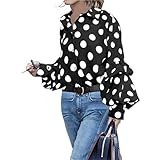 AKDJGFP Chemise à Pois pour Femme Chemise à Pois Noire et Blanche à Revers for Femme, Manches Longues, Ample, boutonnée, décontractée, for Le Bureau, Printemps(Black,L)