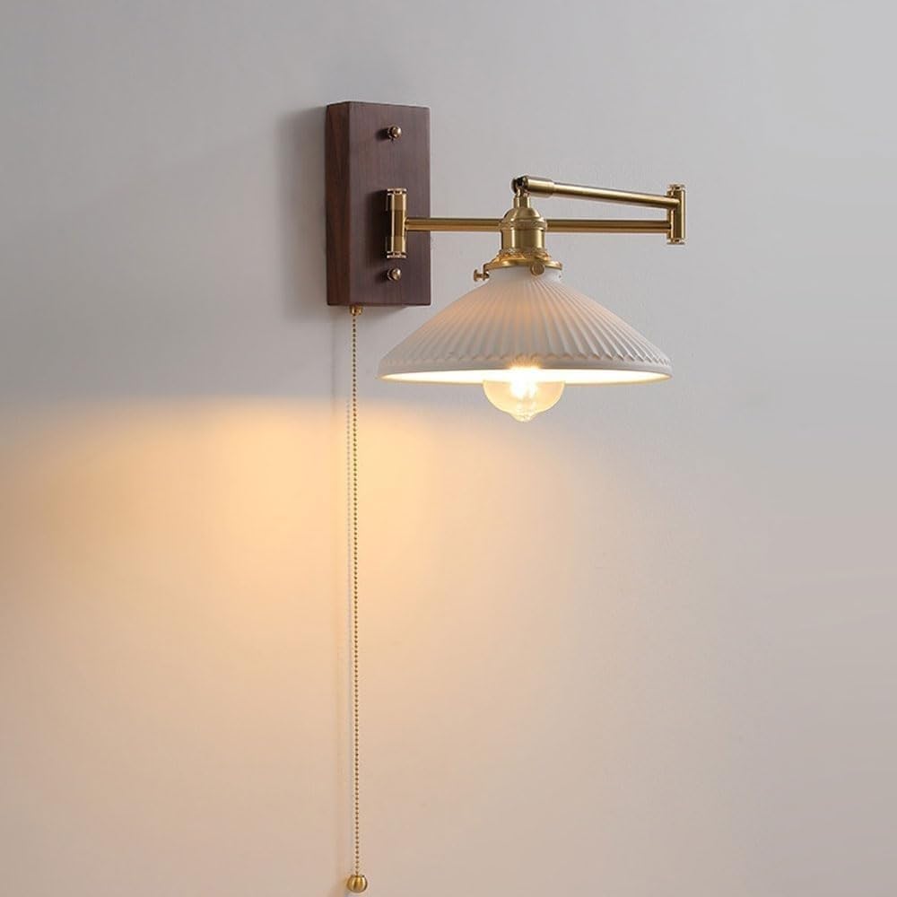 Applique da Parete per Interni Vintage in Ottone con Braccio Orientabile Regolabili in Legno E Ceramica Stile Industriale per Comodino Camera da Letto E Porta