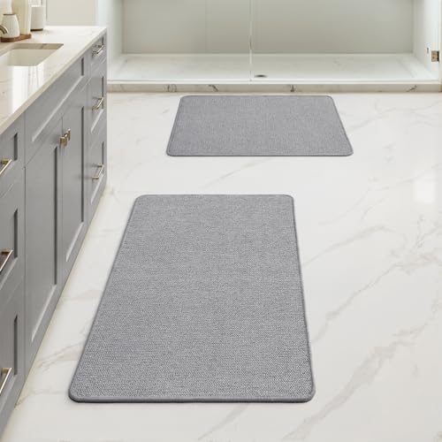 MIULEE Set of 2 Ultra Thin Bathroom Rugs, Rubber Bath Mats for Bathroom Non Slip, Quick Dry Absorbent Bath Rug Machine Washable, Fit Under Door, Shower, Sink, Home Decor, Grey, 20"x24"+17"x27"