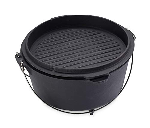 Echtwerk EW-GE-1225 Dutch Oven BBQ Kochtopf ca. 8 L, Bereits eingebrannt - preseasoned, Deckel mit Edelstahl Henkel als Pfanne nutzbar, Grilltopf für Indoor und Outdoor, Big-Edition, Gusseisen