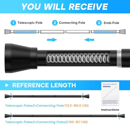 Image of Tension Rod 113 to 197 Cm Extendable Curtain Poles, Telescopic Curtain Pole Black Door Curtain Pole no Drilling Spring Loaded Curtain Rod for Bathroom, Window, 1pcs