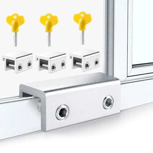 3 pzs Cerraduras de Aluminio Para Ventanas Correderas, Cerradura Puerta Corredera, Cerradura de Seguridad para Ventana, Topes Seguridad Ventanas Ajustables con Llaves Incluidas