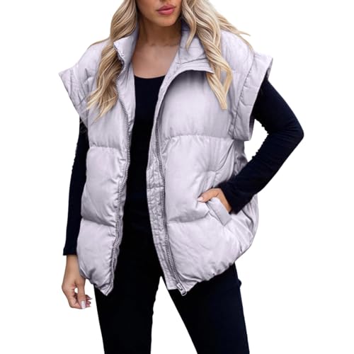 Womens Puffer Vests Oversized Outerwear Vests Stand Collar Sleeveless Padded Down Fashion Jackets with Pockets